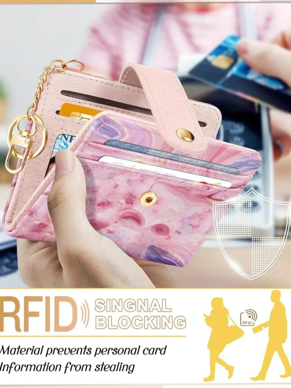 Chic Pink Agate Small Card Wallet with Keychain for Women - Stylish & Functional